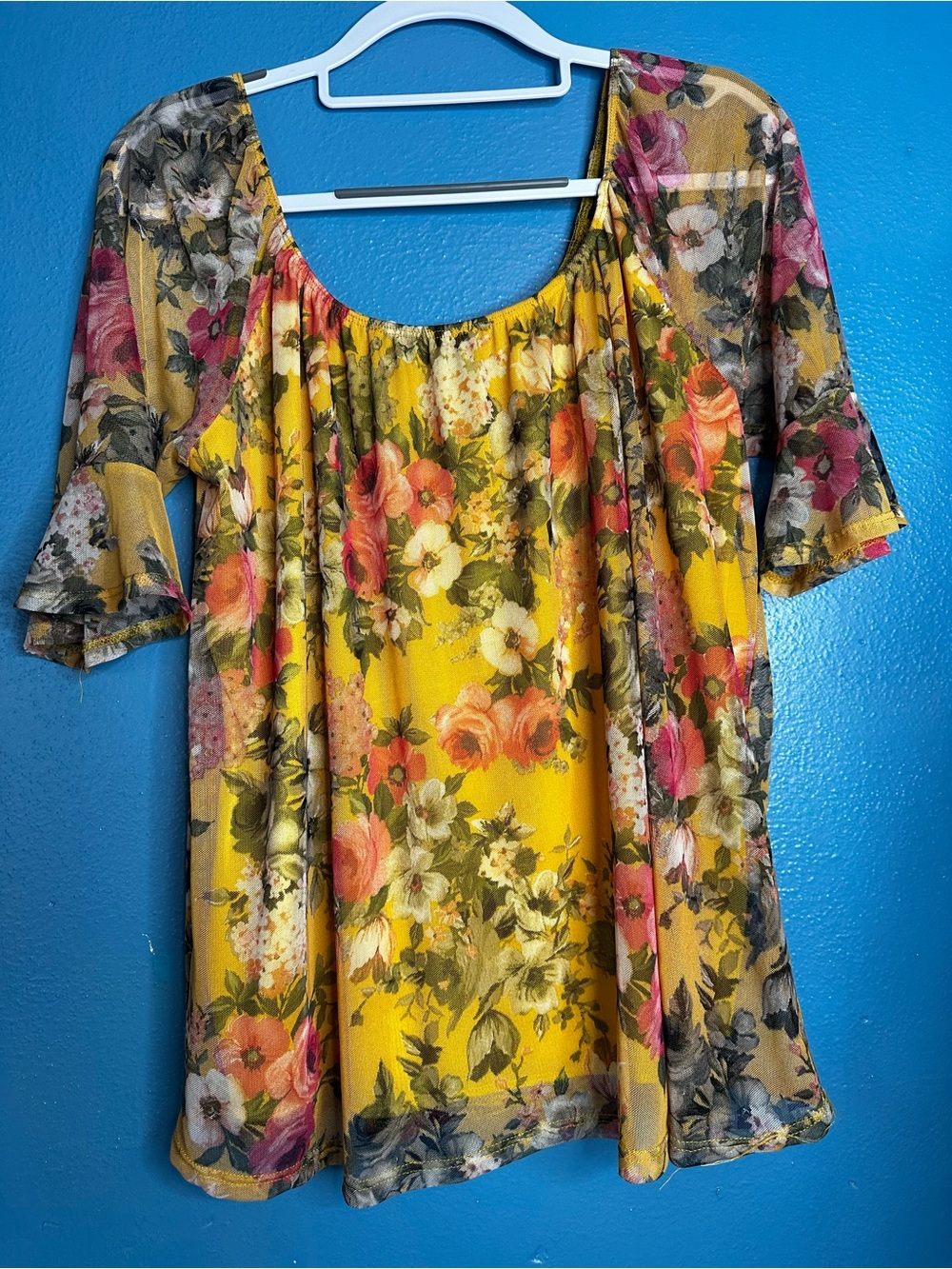 Yellow Floral Scoop Neck Women's Top